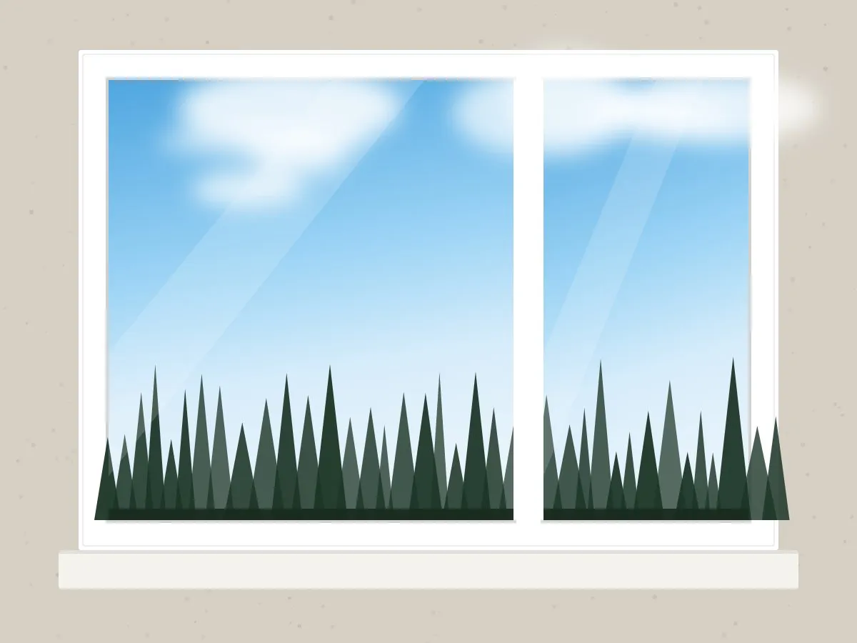 The same window after cleaning, with clear glass reflecting the sky and pine trees